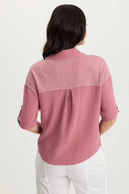 Maurise Gauze + Stretch Jersey Tabbed Classic Snap-Up Top Cherished Pigment - XCVI