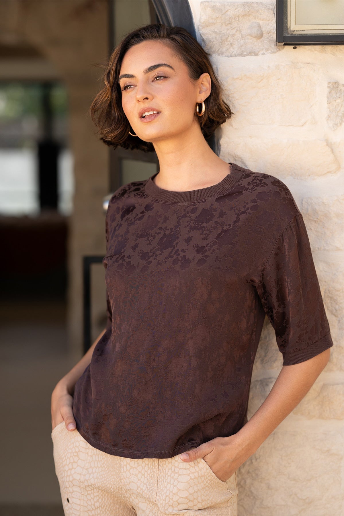 Chelan Textured Satin Embossed Relaxed Fit Top Bistro Pigment - XCVI