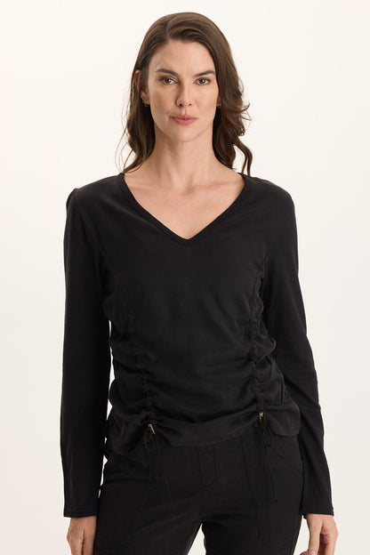 Ketti Cinched Ruched Twill/Jersey Top Black - XCVI