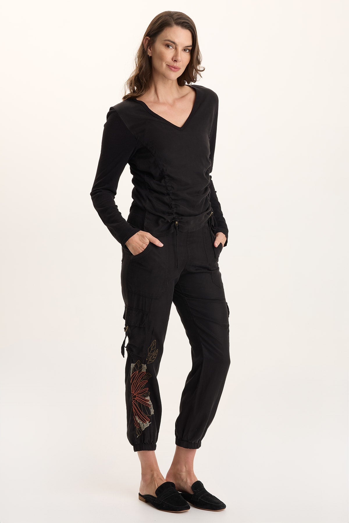Ketti Cinched Ruched Twill/Jersey Top Black - XCVI