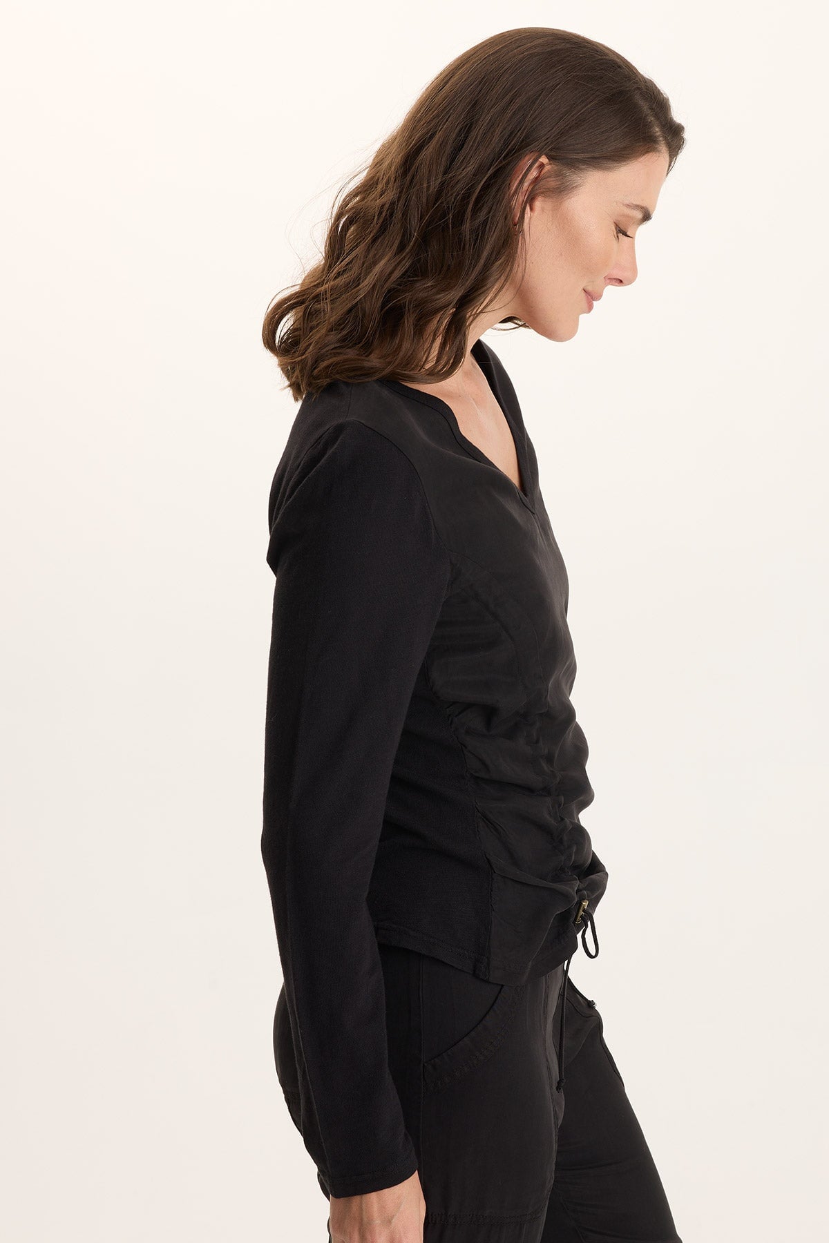 Ketti Cinched Ruched Twill/Jersey Top Black - XCVI