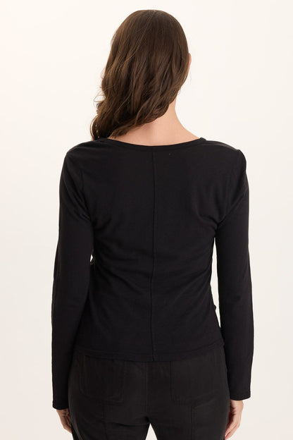 Ketti Cinched Ruched Twill/Jersey Top Black - XCVI