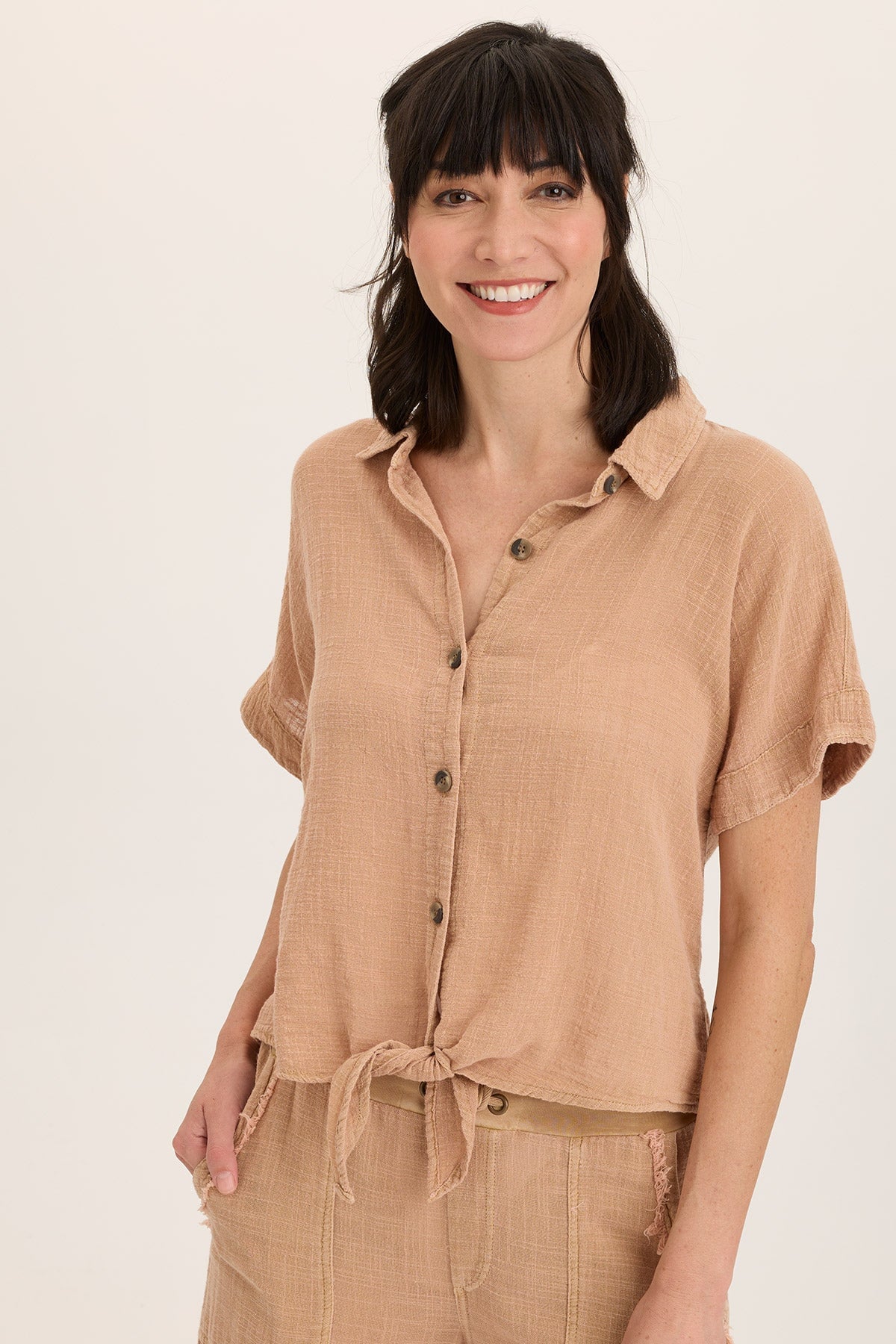 Wearables Teagan Gauze Button-Up Tie Top Fireclay Pigment - XCVI