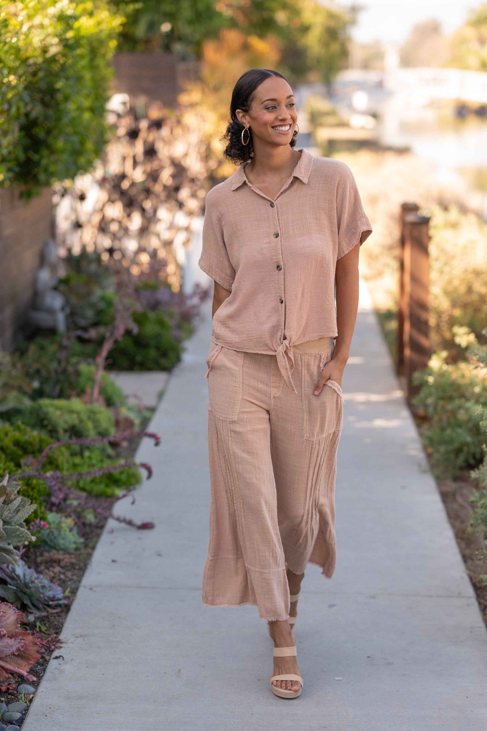 Wearables Teagan Gauze Button-Up Tie Top Fireclay Pigment - XCVI