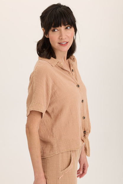 Wearables Teagan Gauze Button-Up Tie Top Fireclay Pigment - XCVI