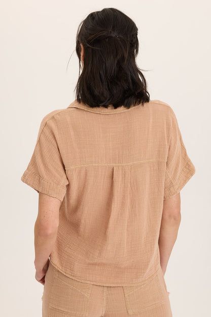 Wearables Teagan Gauze Button-Up Tie Top Fireclay Pigment - XCVI