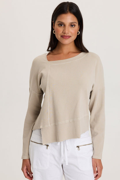 Hadden Asymmetrial Hem and Seams Wide Rib Long Sleeve Top Center Stage Pigment - XCVI