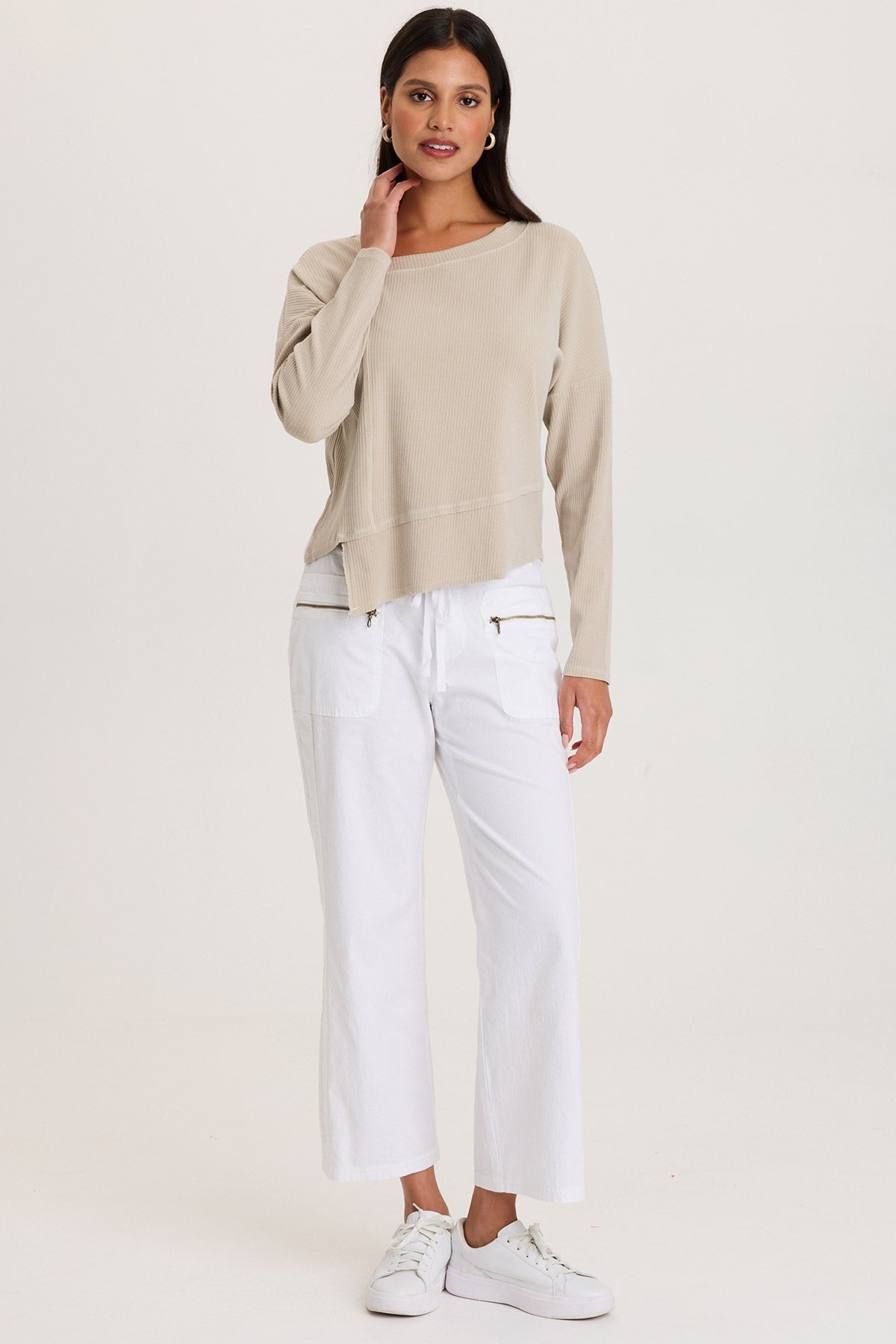 Hadden Asymmetrial Hem and Seams Wide Rib Long Sleeve Top Center Stage Pigment - XCVI
