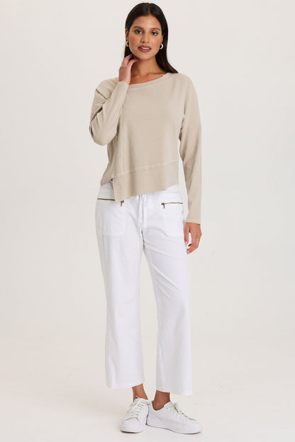 Hadden Asymmetrial Hem and Seams Wide Rib Long Sleeve Top Center Stage Pigment - XCVI