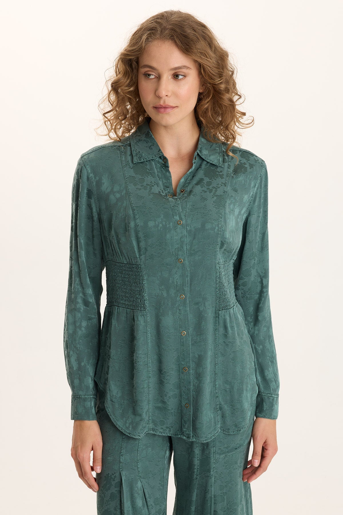 Senneca Textured Satin Shirred Waist Button-Up Blouse Ocean Storm Pigment - XCVI