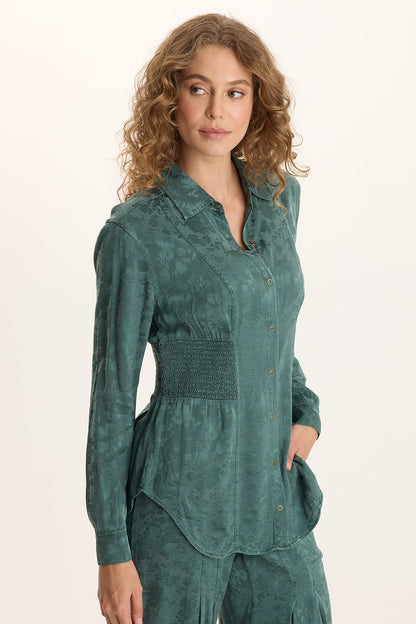 Senneca Textured Satin Shirred Waist Button-Up Blouse Ocean Storm Pigment - XCVI