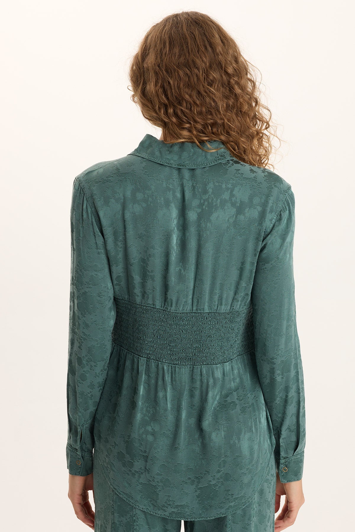 Senneca Textured Satin Shirred Waist Button-Up Blouse Ocean Storm Pigment - XCVI