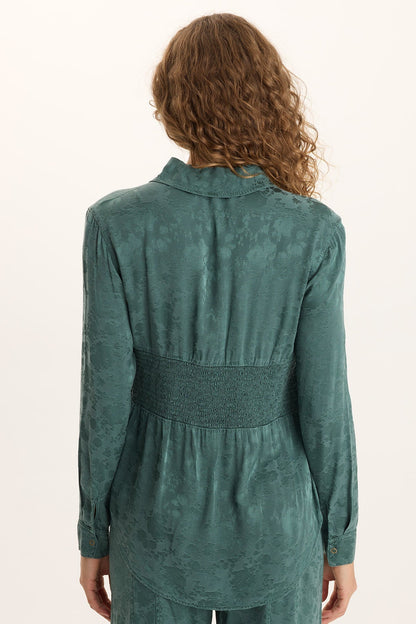 Senneca Textured Satin Shirred Waist Button-Up Blouse Ocean Storm Pigment - XCVI