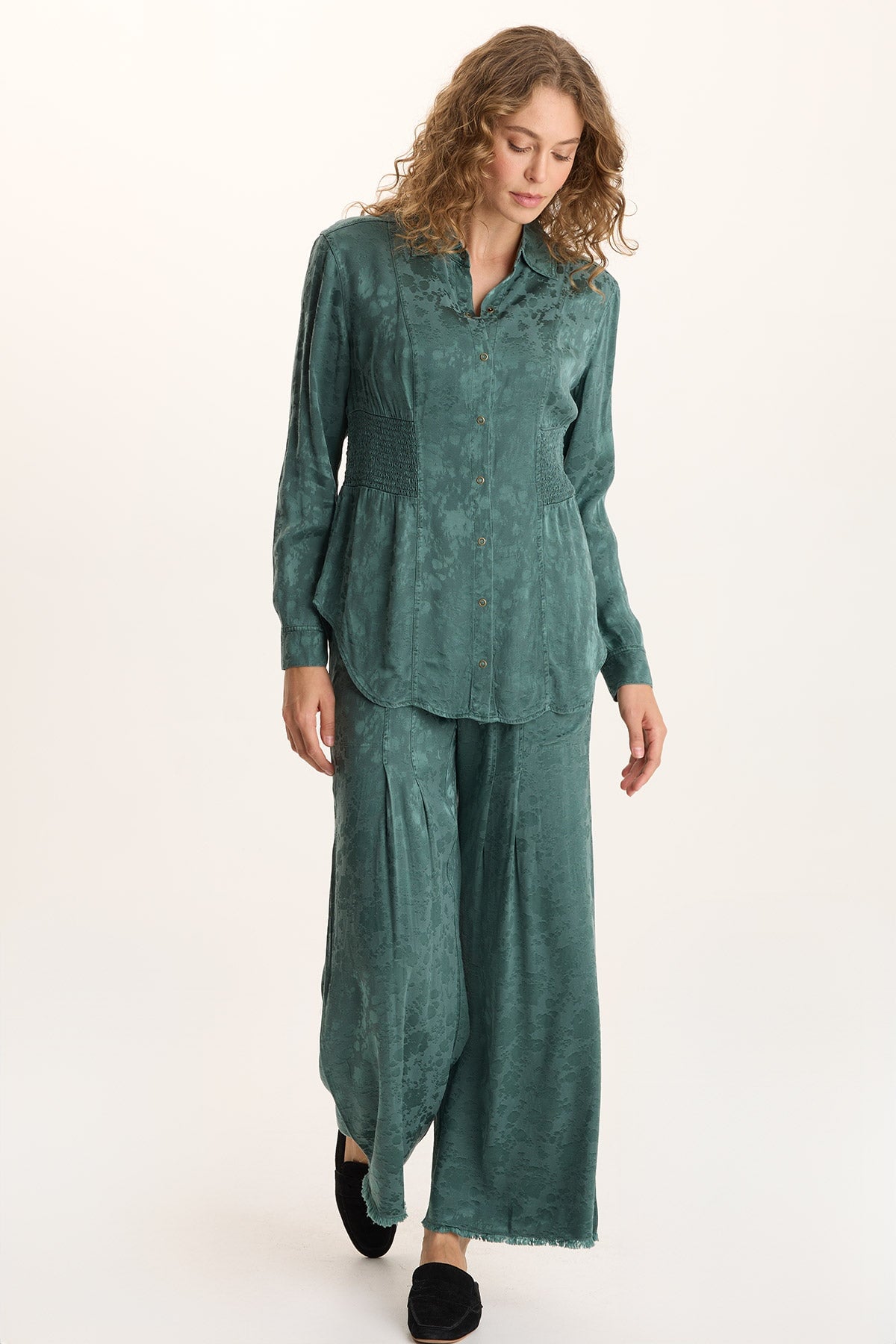 Senneca Textured Satin Shirred Waist Button-Up Blouse Ocean Storm Pigment - XCVI
