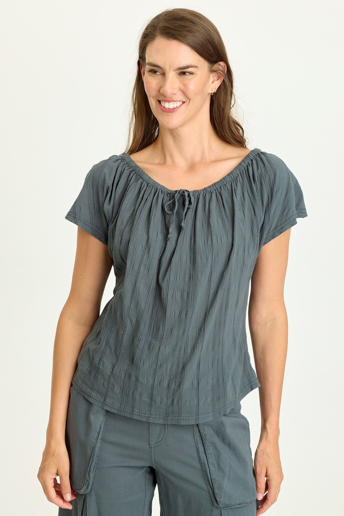 Wearables Selda Textured Gauze Cinched Tie Neck Flutter Short Sleeves Top Hawthorn Leaf - XCVI