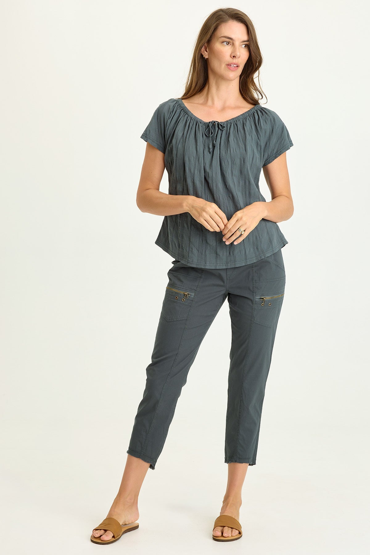 Wearables Selda Textured Gauze Cinched Tie Neck Flutter Short Sleeves Top Hawthorn Leaf - XCVI