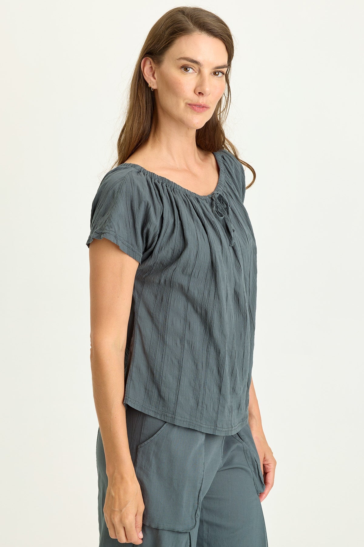 Wearables Selda Textured Gauze Cinched Tie Neck Flutter Short Sleeves Top Hawthorn Leaf - XCVI