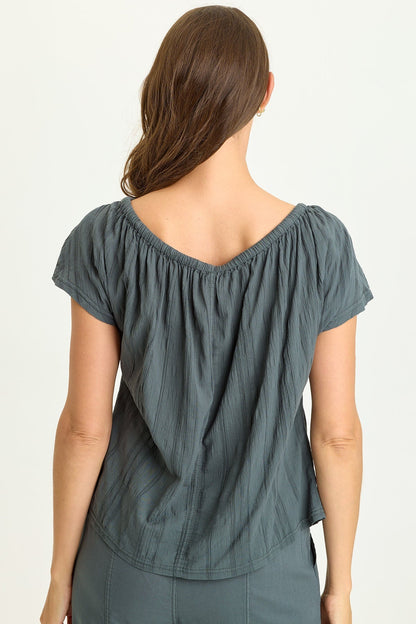 Wearables Selda Textured Gauze Cinched Tie Neck Flutter Short Sleeves Top Hawthorn Leaf - XCVI
