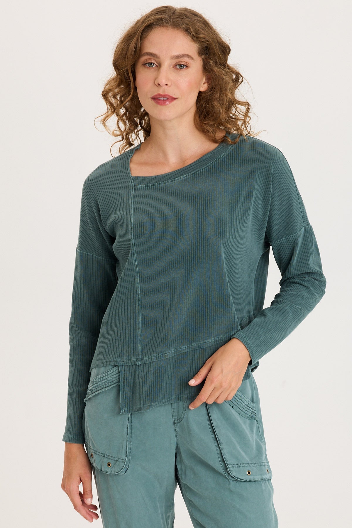 Hadden Asymmetrial Hem and Seams Wide Rib Long Sleeve Top Ocean Storm Pigment - XCVI