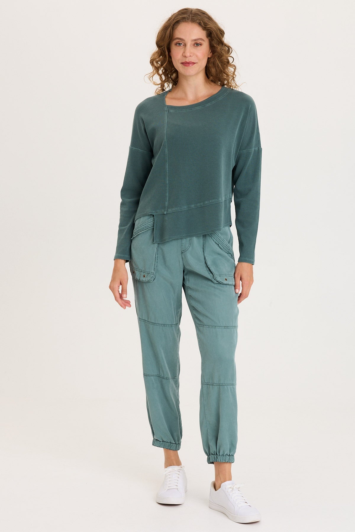 Hadden Asymmetrial Hem and Seams Wide Rib Long Sleeve Top Ocean Storm Pigment - XCVI