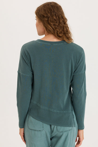 Hadden Asymmetrial Hem and Seams Wide Rib Long Sleeve Top Ocean Storm Pigment - XCVI