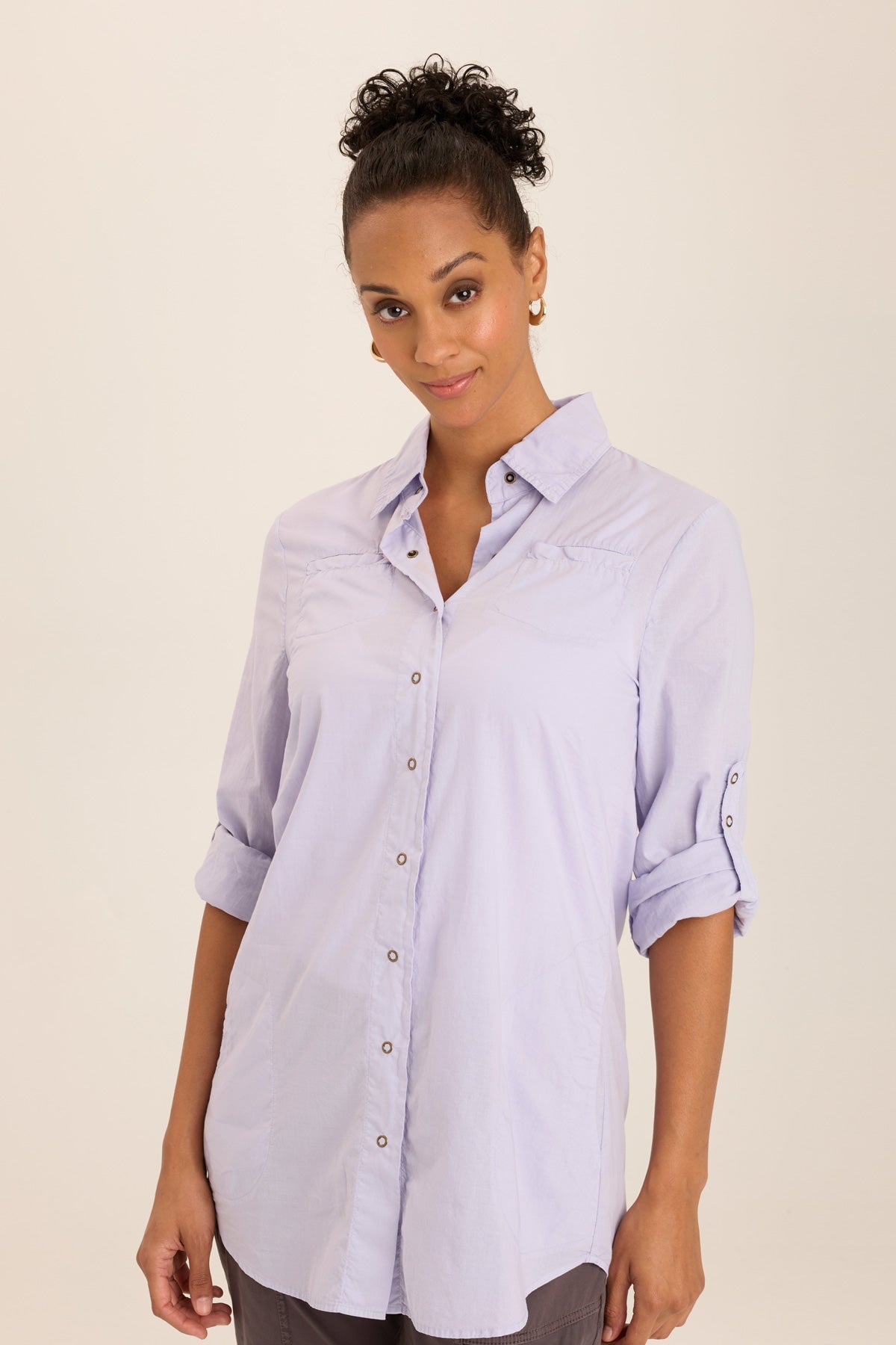 Wearables Reporter Soft Voile Button-Down Blouse in Purple Wind Flower - XCVI