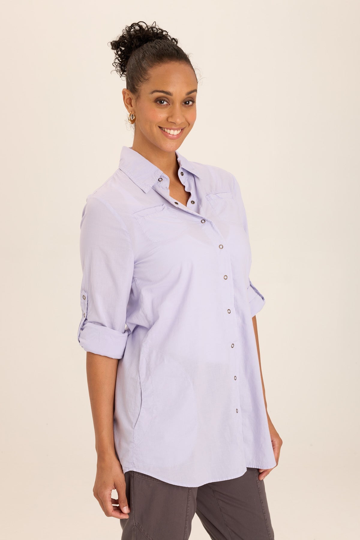 Wearables Reporter Soft Voile Button-Down Blouse in Purple Wind Flower - XCVI