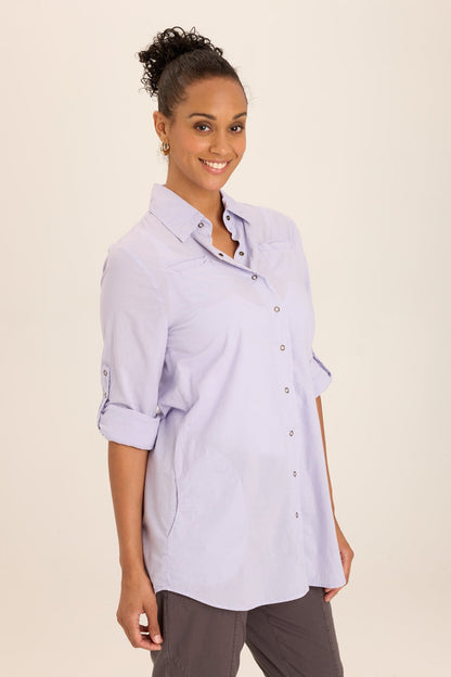 Wearables Reporter Soft Voile Button-Down Blouse in Purple Wind Flower - XCVI