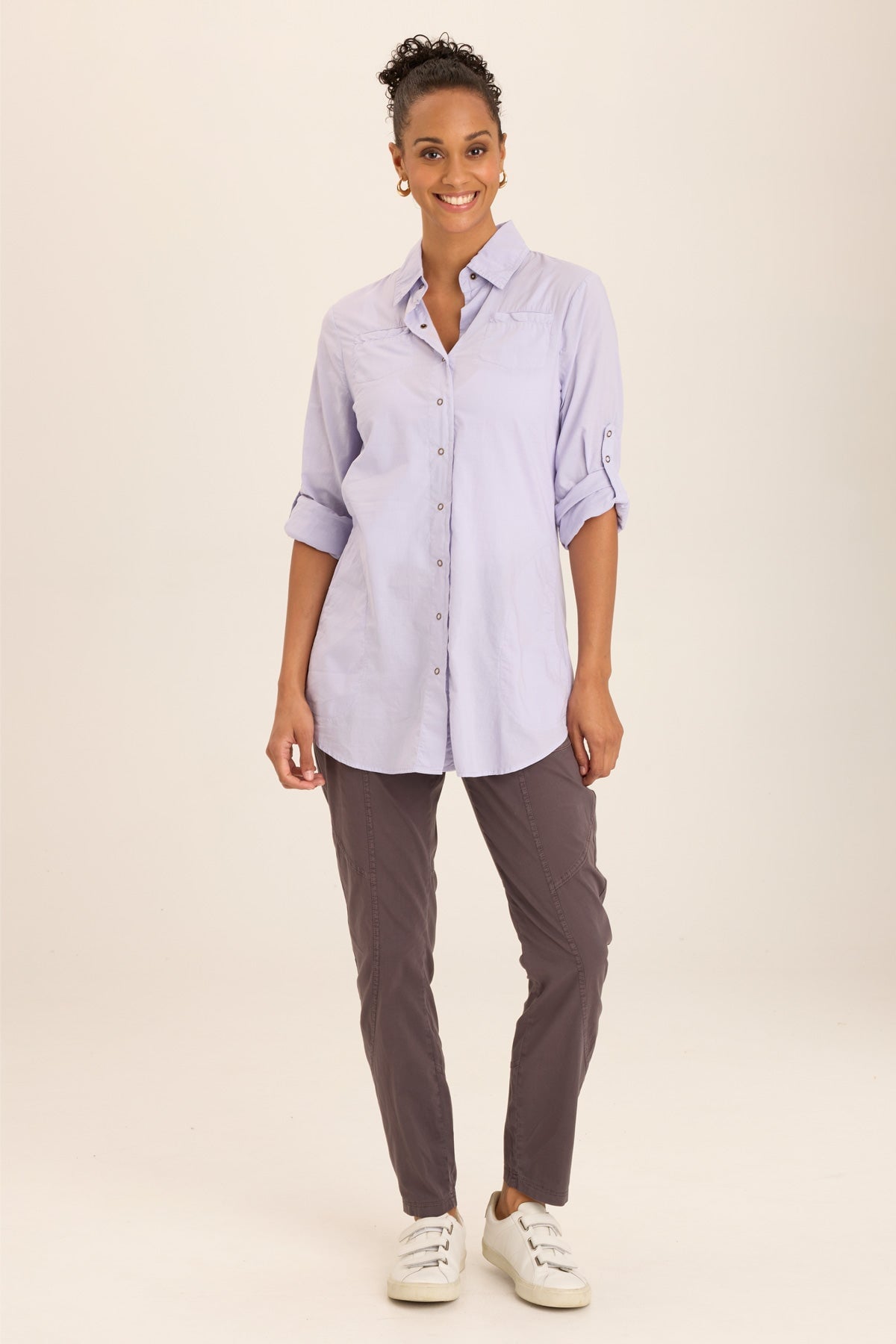 Wearables Reporter Soft Voile Button-Down Blouse in Purple Wind Flower - XCVI
