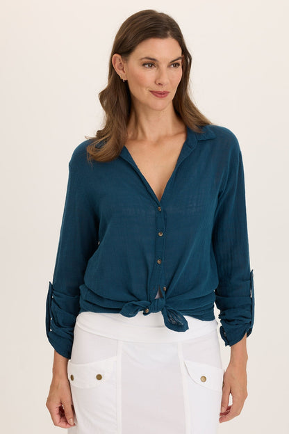 Wearables Porter Gauze Tabbed Sleeve Button-Up Blouse Abyss Pigment - XCVI