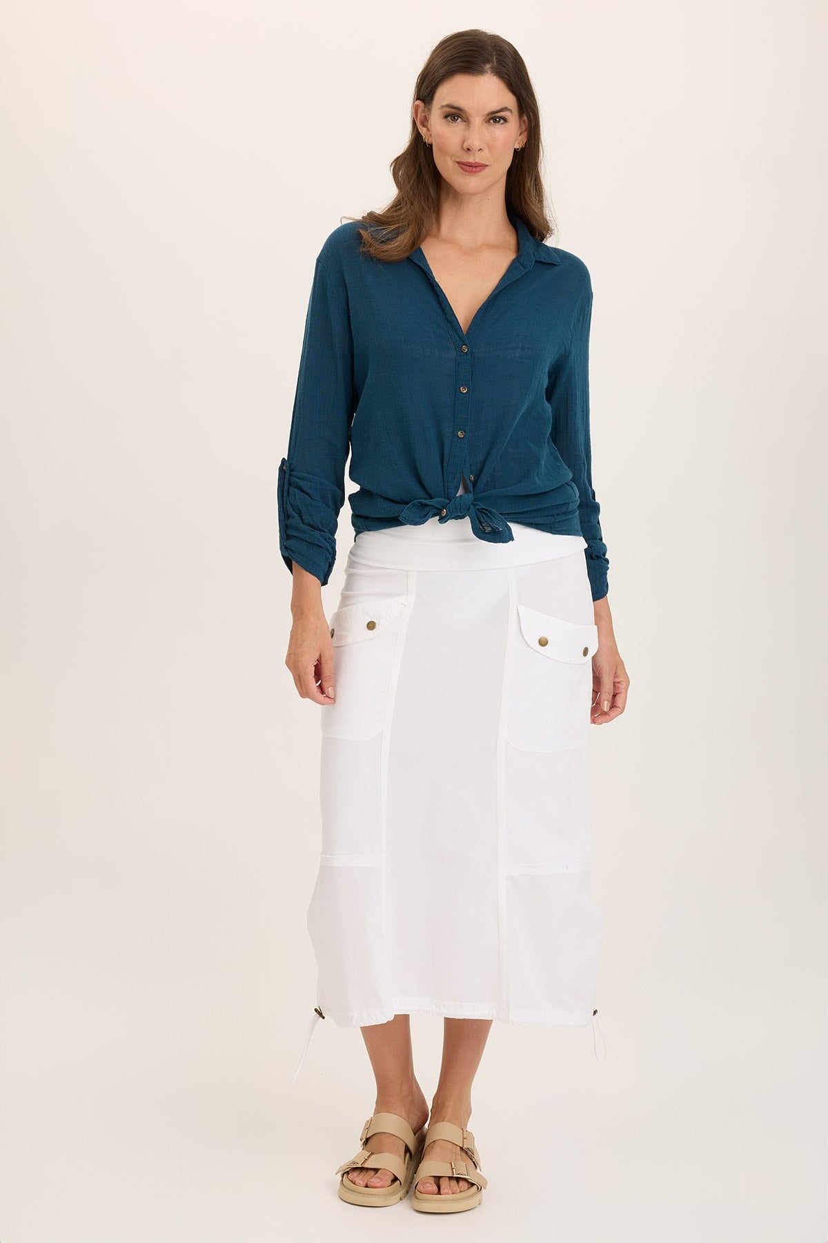 Wearables Porter Gauze Tabbed Sleeve Button-Up Blouse Abyss Pigment - XCVI