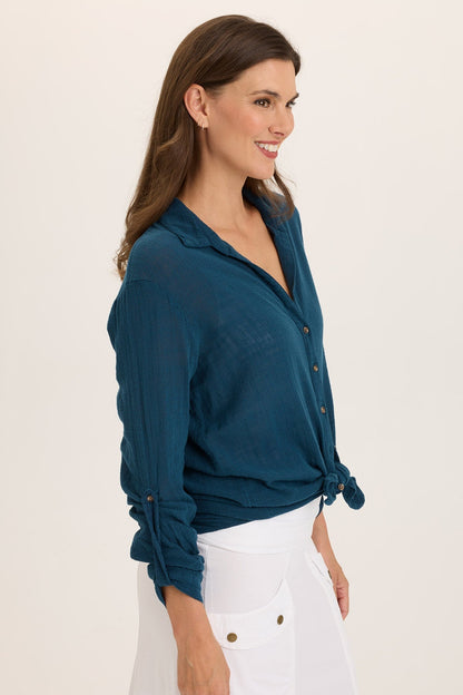 Wearables Porter Gauze Tabbed Sleeve Button-Up Blouse Abyss Pigment - XCVI