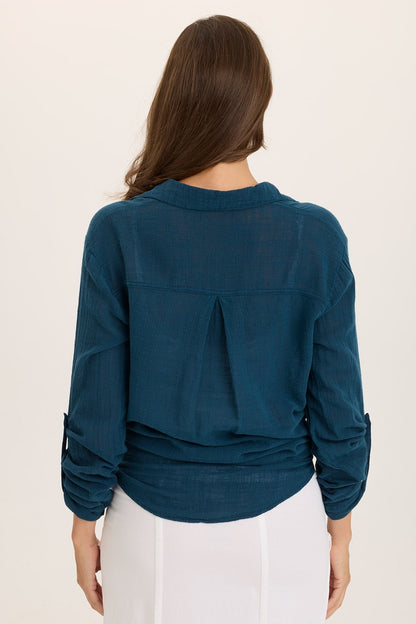 Wearables Porter Gauze Tabbed Sleeve Button-Up Blouse Abyss Pigment - XCVI
