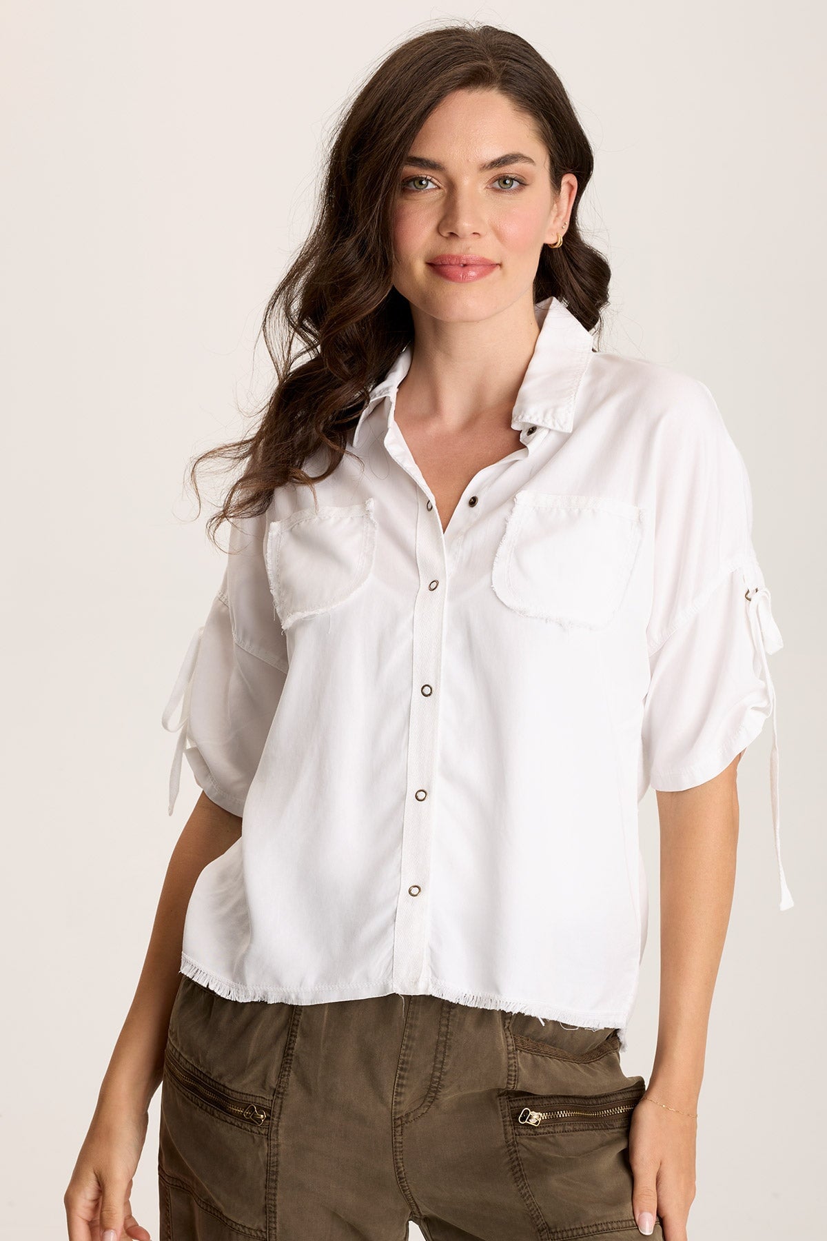 Vinton Twill Jersey Button-Up Collared Top White - XCVI
