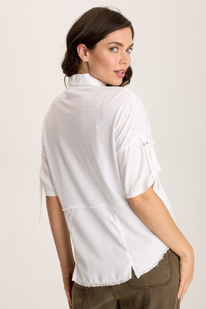 Vinton Twill Jersey Button-Up Collared Top White - XCVI