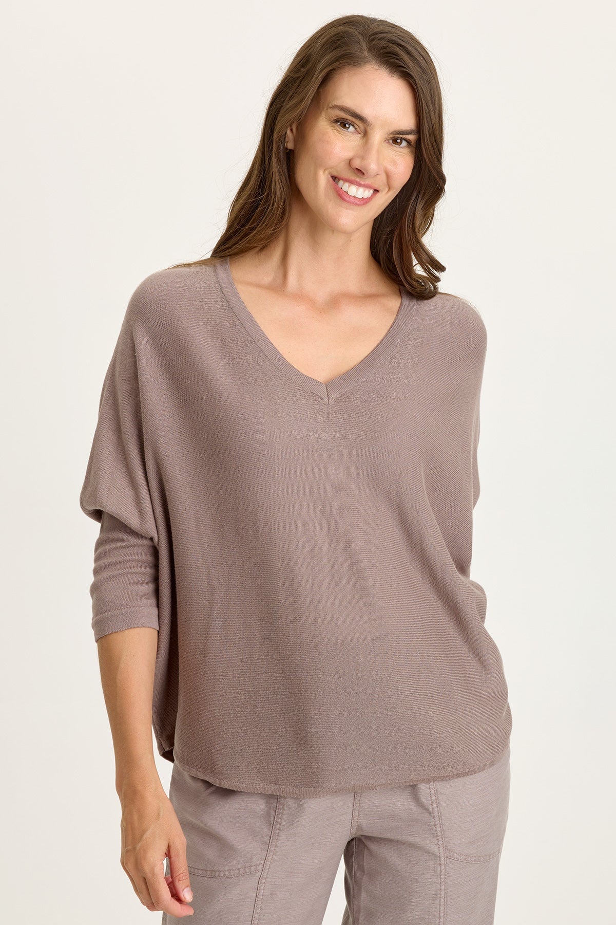 Wearables Zia Cotton Rayon V-Neck 3/4 Dolman Sleeve High Low Top Poppy Seed - XCVI
