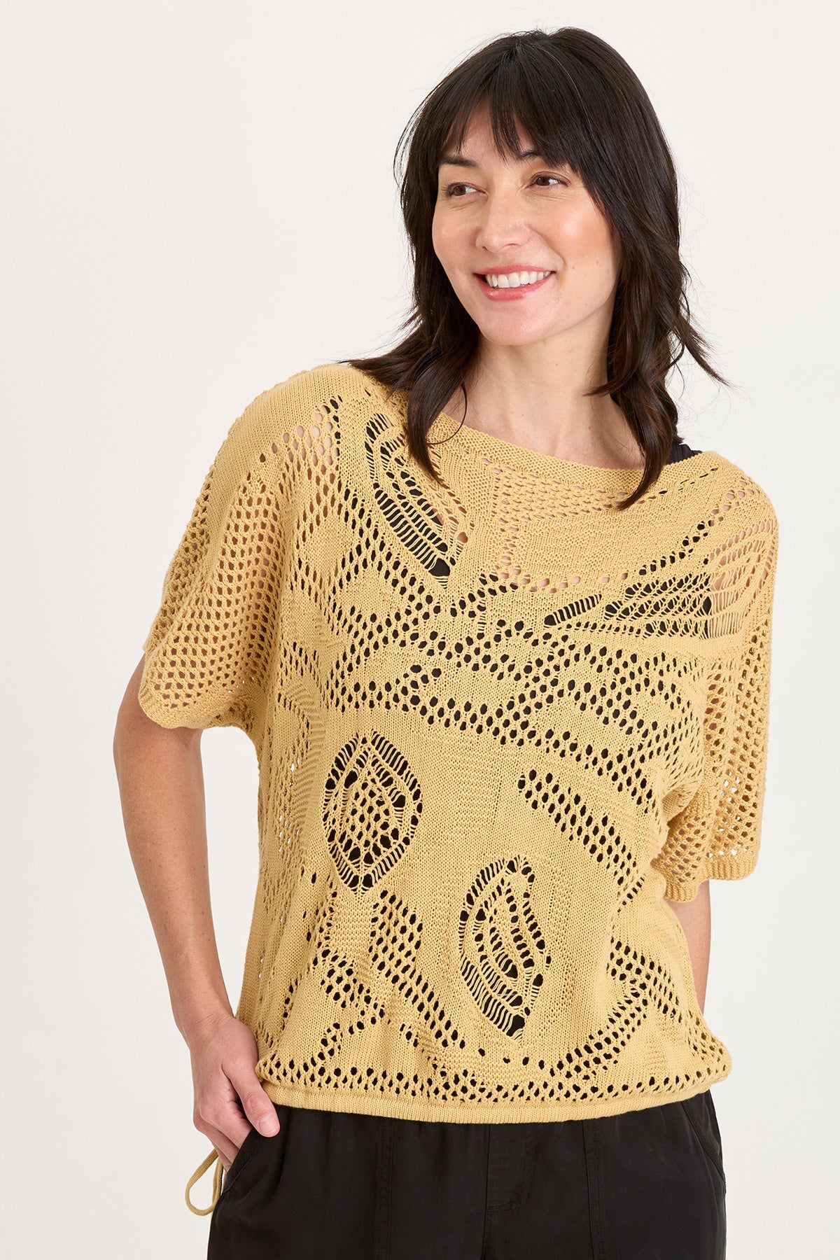 Macon Cotton Knit Mesh-Like Cinchable Bubble Hem Short Sleeve Top Raffia Pigment - XCVI