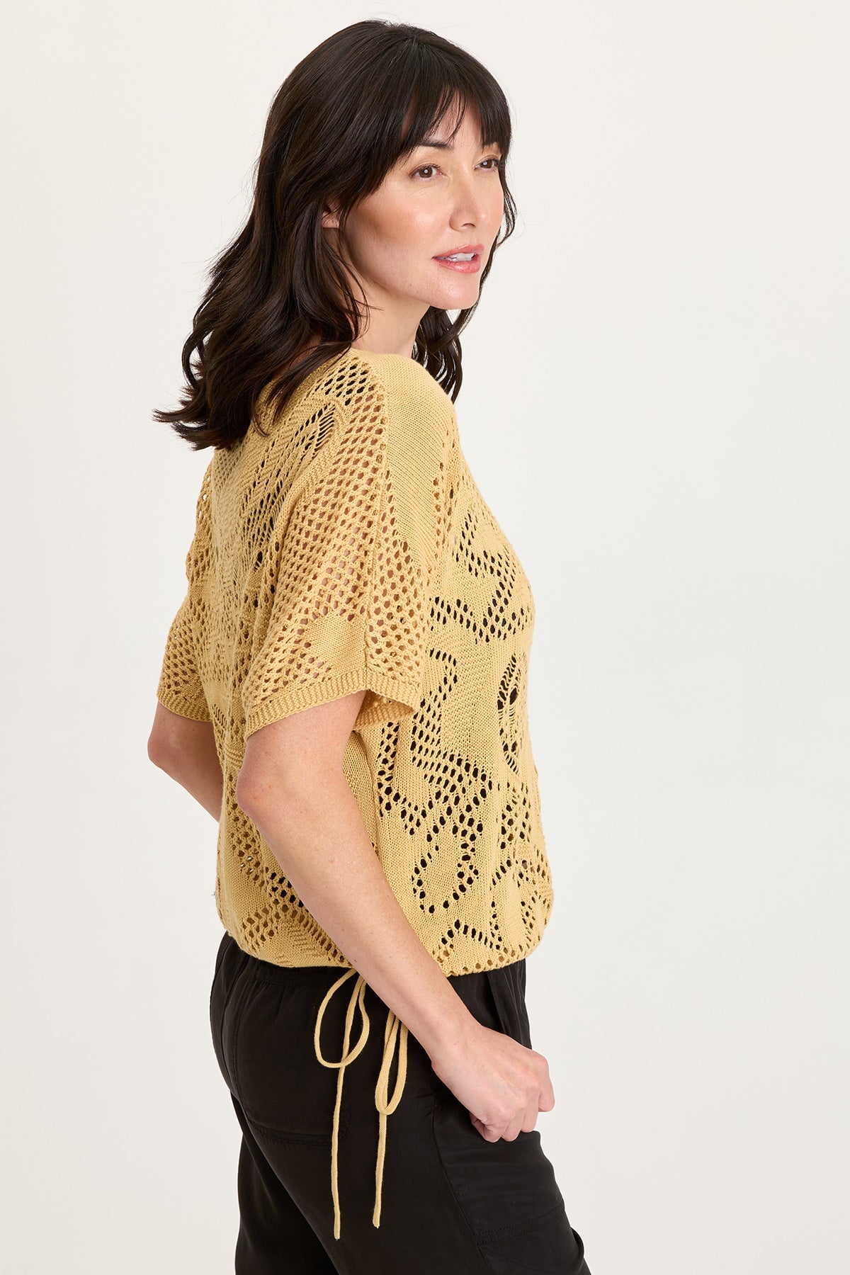 Macon Cotton Knit Mesh-Like Cinchable Bubble Hem Short Sleeve Top Raffia Pigment - XCVI
