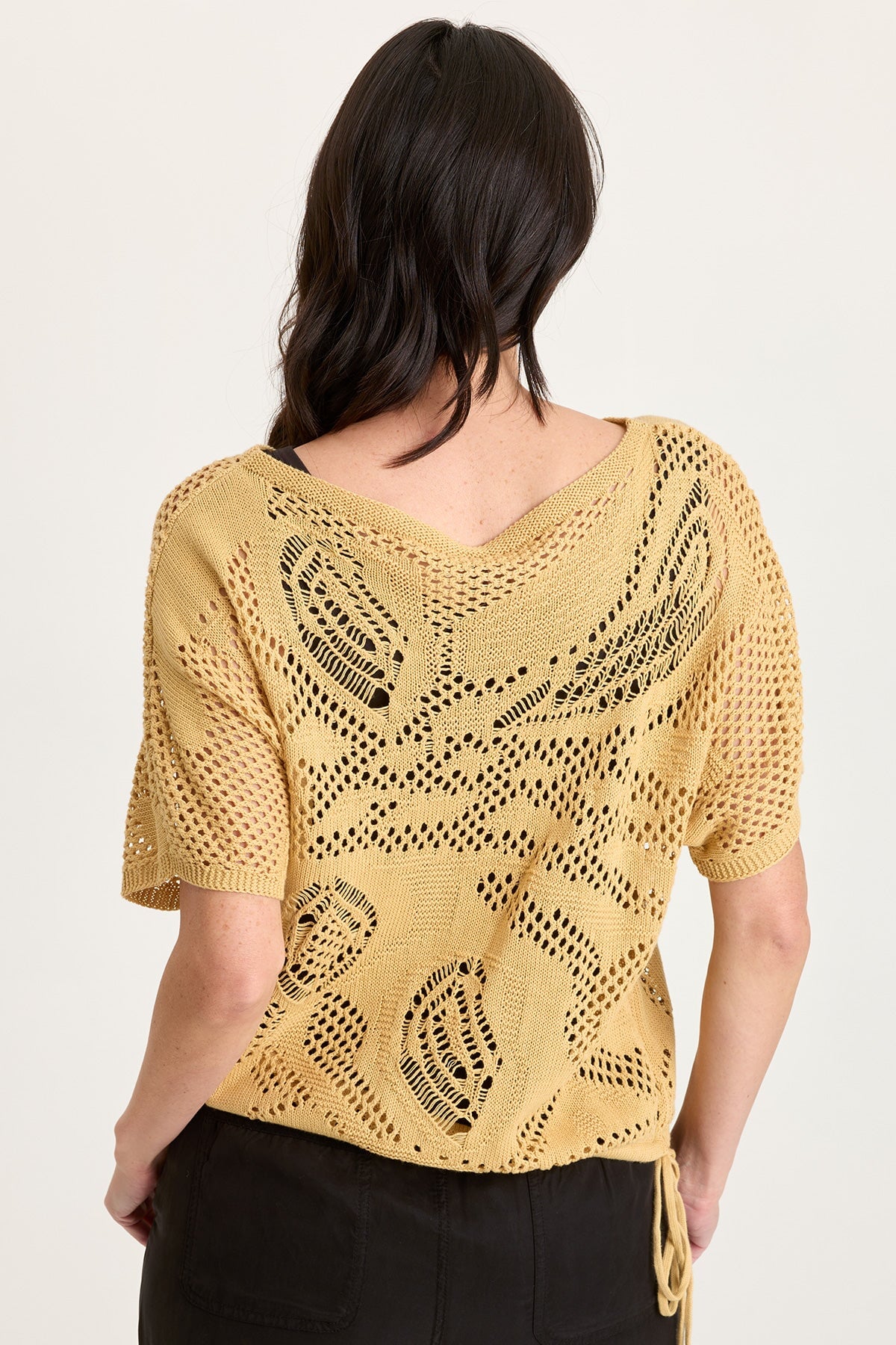 Macon Cotton Knit Mesh-Like Cinchable Bubble Hem Short Sleeve Top Raffia Pigment - XCVI