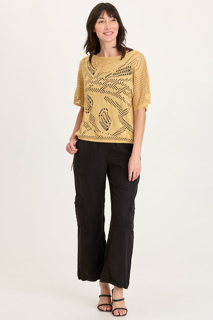 Macon Cotton Knit Mesh-Like Cinchable Bubble Hem Short Sleeve Top Raffia Pigment - XCVI