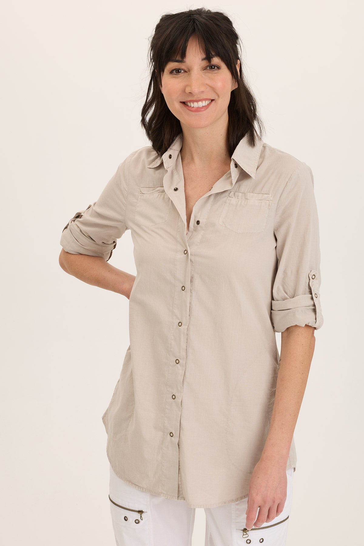 Reporter Soft Voile Button-Down Blouse in Grey Ripple Pigment - XCVI