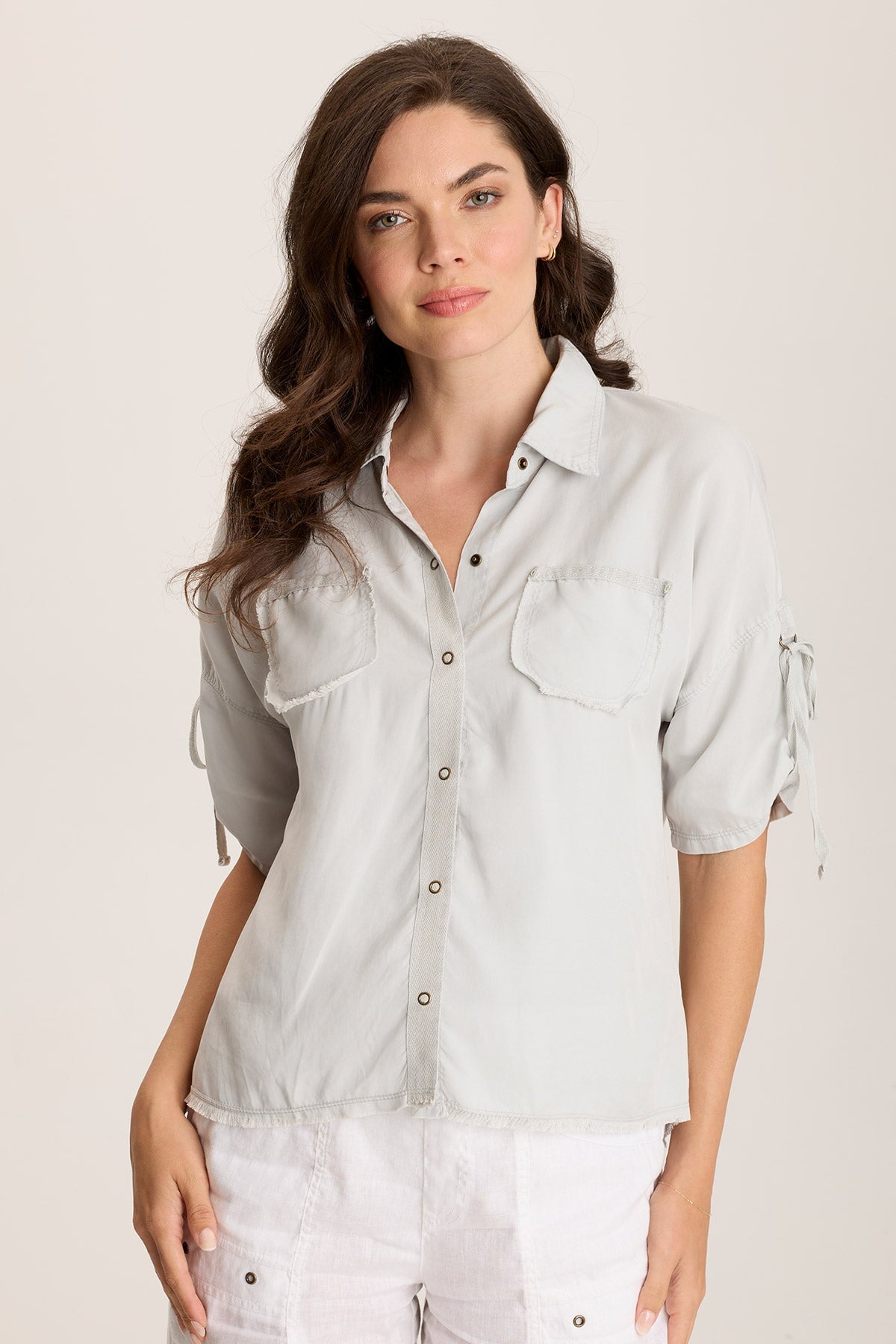 Vinton Twill Jersey Button-Up Collared Top Grey Marble - XCVI