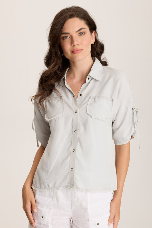 Vinton Twill Jersey Button-Up Collared Top Grey Marble - XCVI