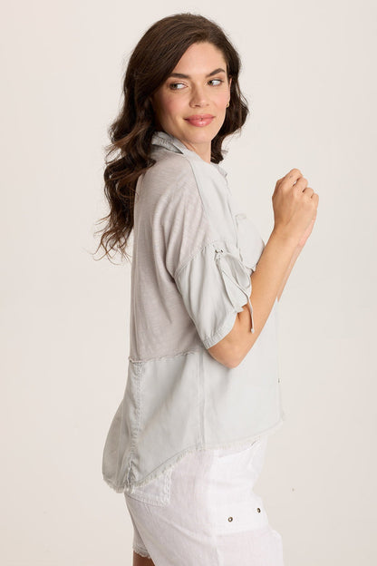 Vinton Twill Jersey Button-Up Collared Top Grey Marble - XCVI