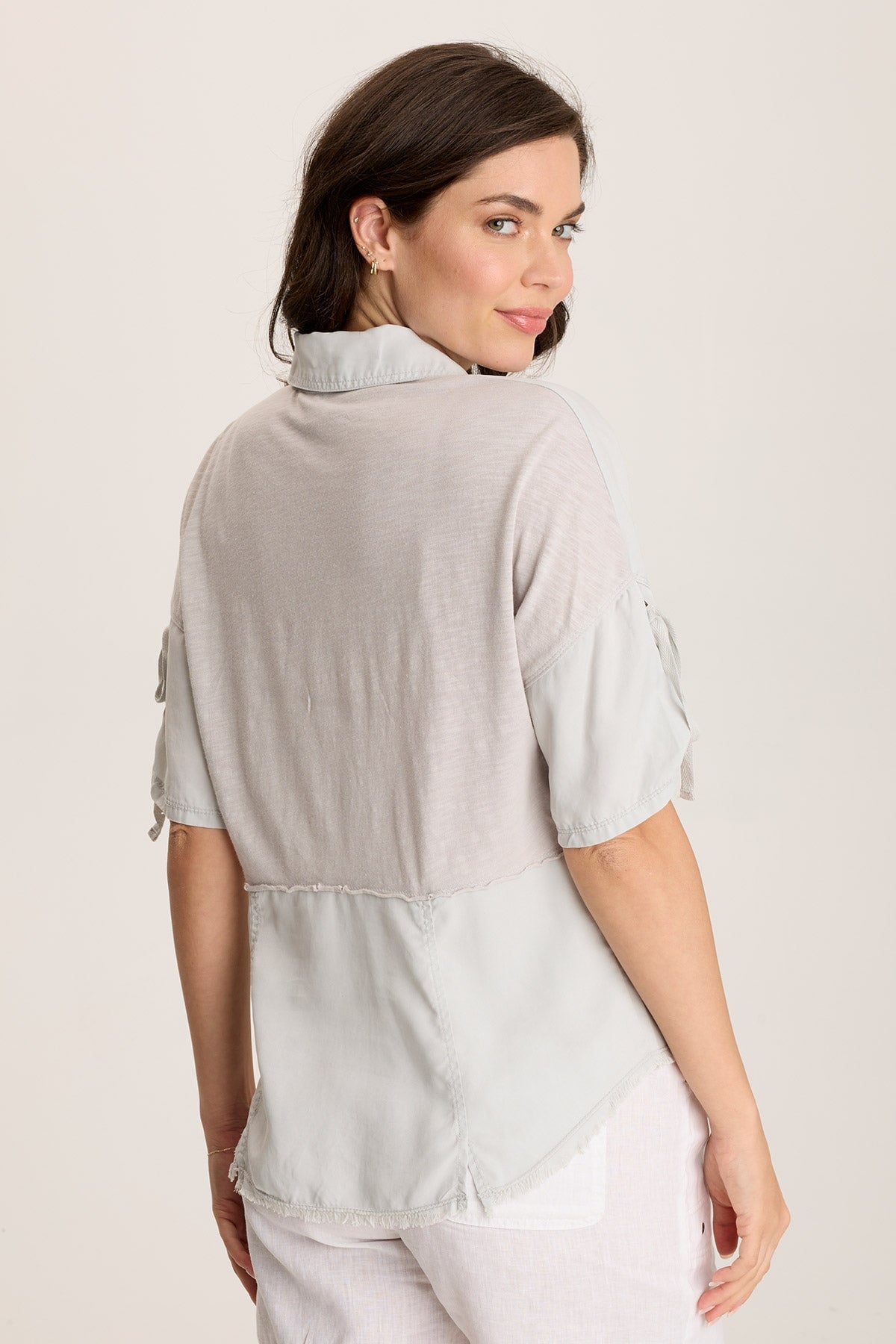 Vinton Twill Jersey Button-Up Collared Top Grey Marble - XCVI