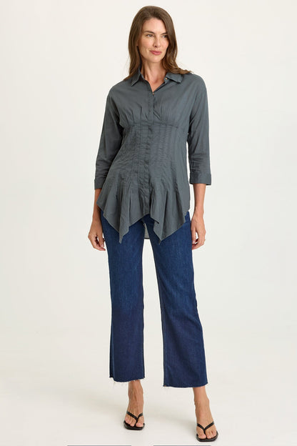 Wearables Ashlan Cotton Voile Pleated Waist Sharkbite Hem Button-Up Blouse Hawthorn Leaf - XCVI