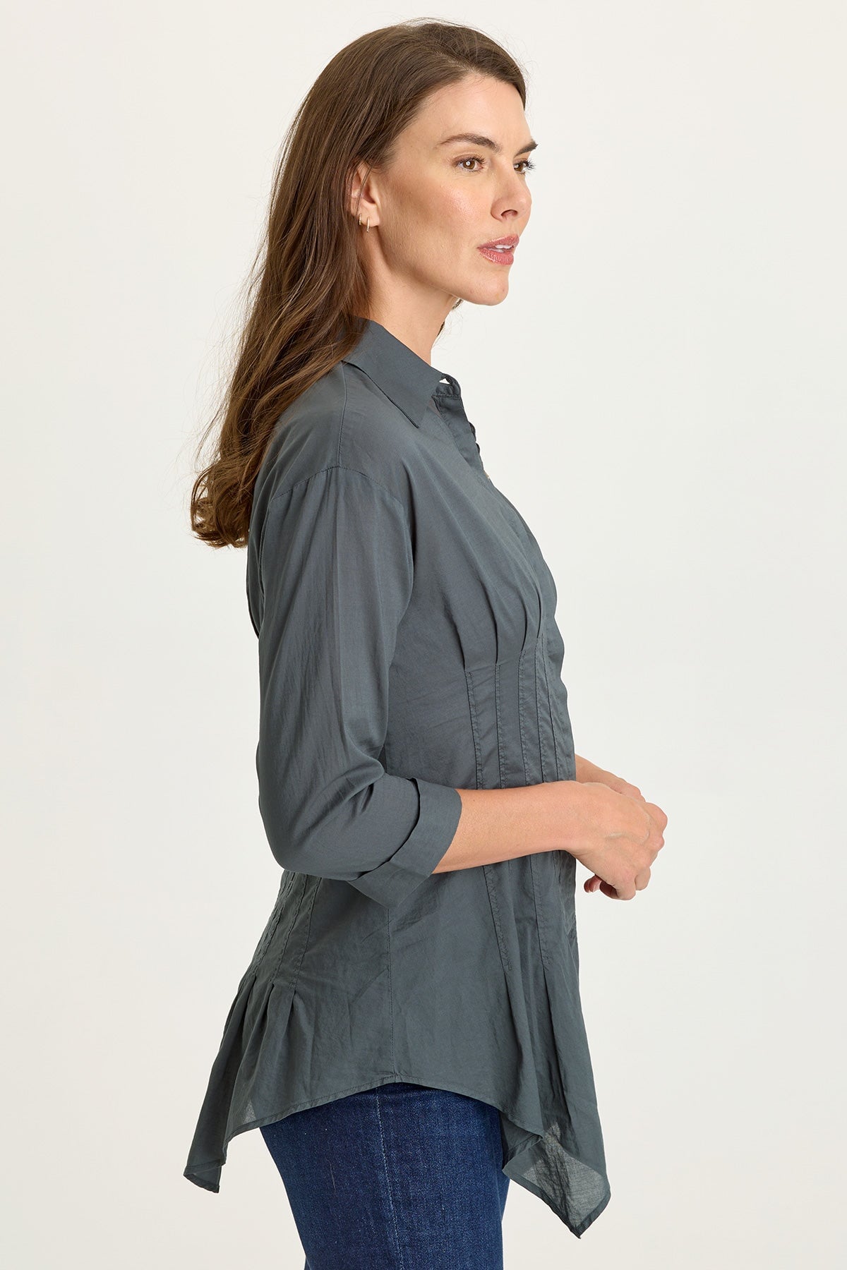 Wearables Ashlan Cotton Voile Pleated Waist Sharkbite Hem Button-Up Blouse Hawthorn Leaf - XCVI