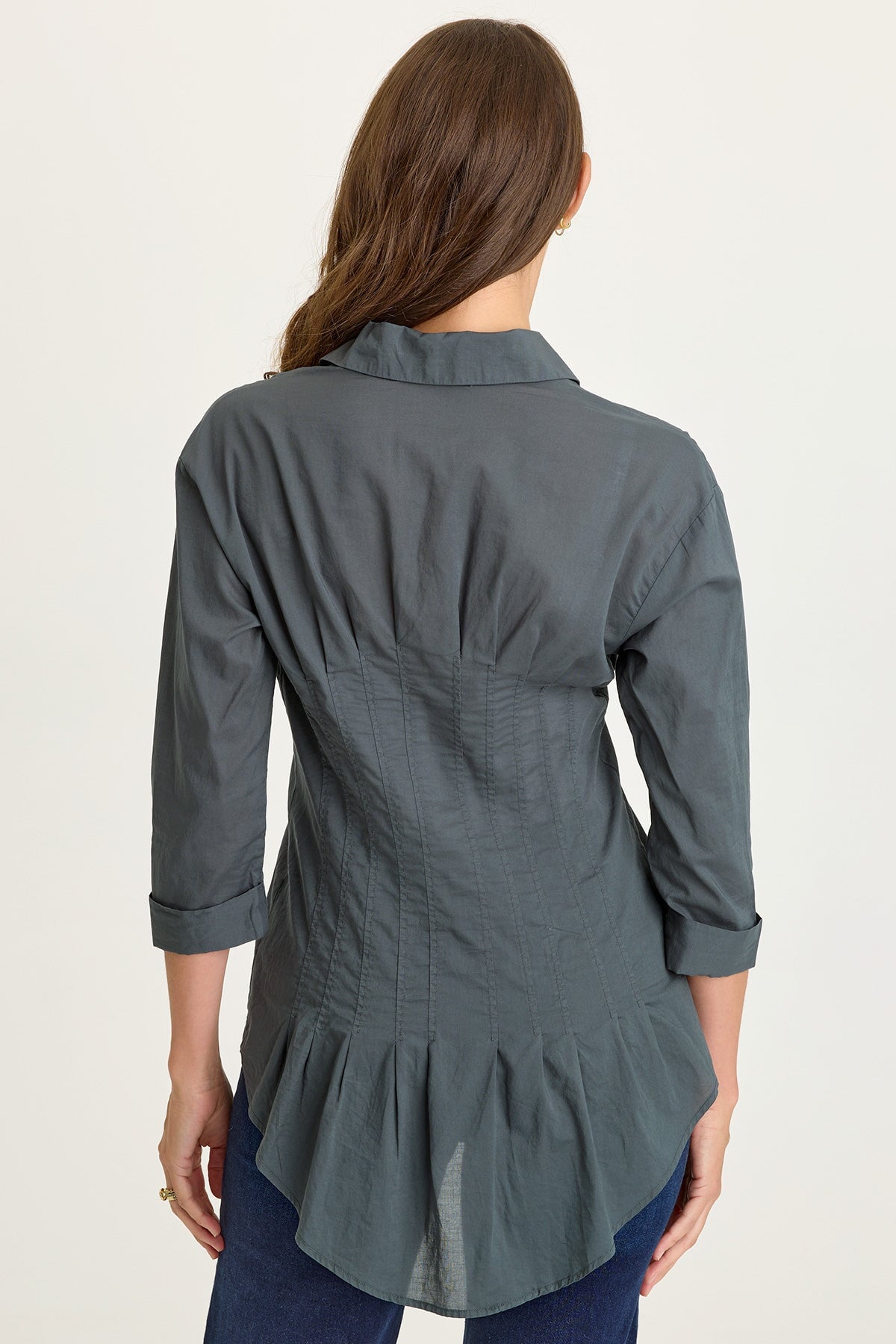 Wearables Ashlan Cotton Voile Pleated Waist Sharkbite Hem Button-Up Blouse Hawthorn Leaf - XCVI