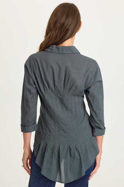 Wearables Ashlan Cotton Voile Pleated Waist Sharkbite Hem Button-Up Blouse Hawthorn Leaf - XCVI