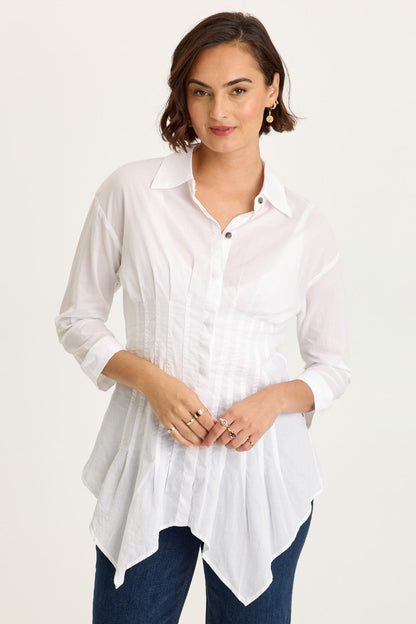 Wearables Ashlan Cotton Voile Pleated Waist Sharkbite Hem Button-Up Blouse White - XCVI